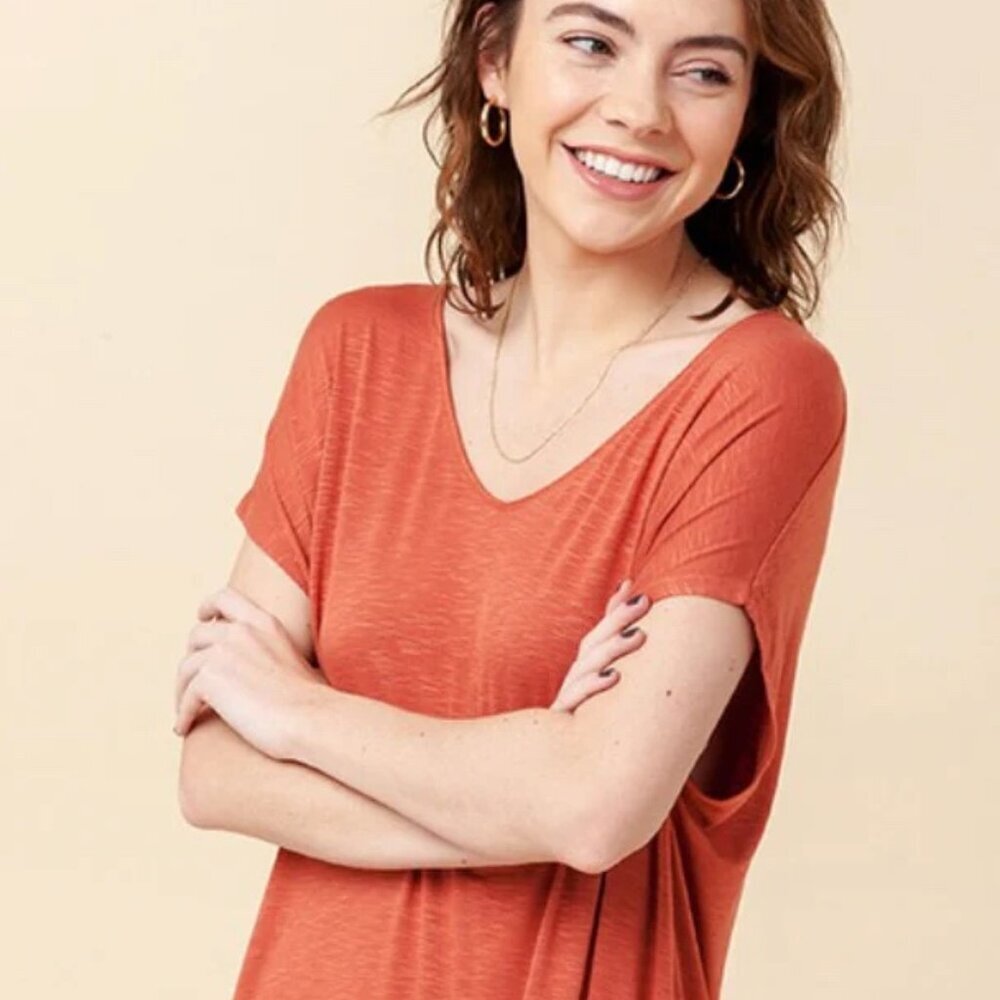 Daily Ritual Women's V Neck Dolman Shift Mini Dress/Long Top Terra Cotta